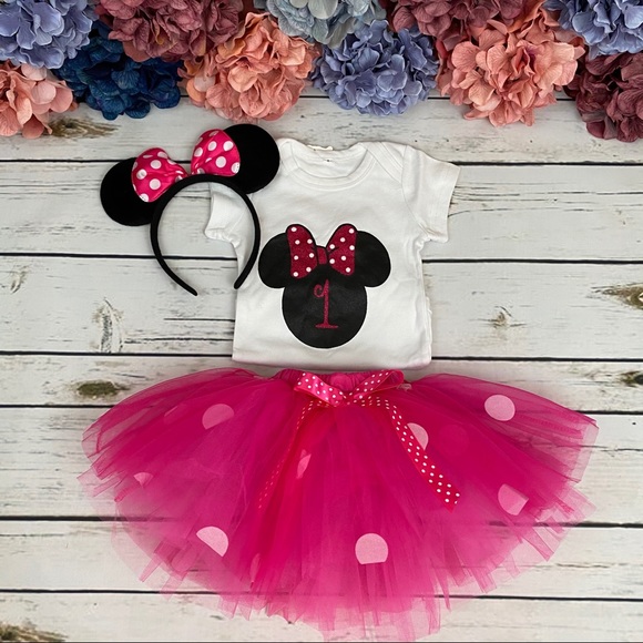 1st Birthday Outfit Matching Onesie Pink Tulle Skirt and Headband - Picture 3 of 16